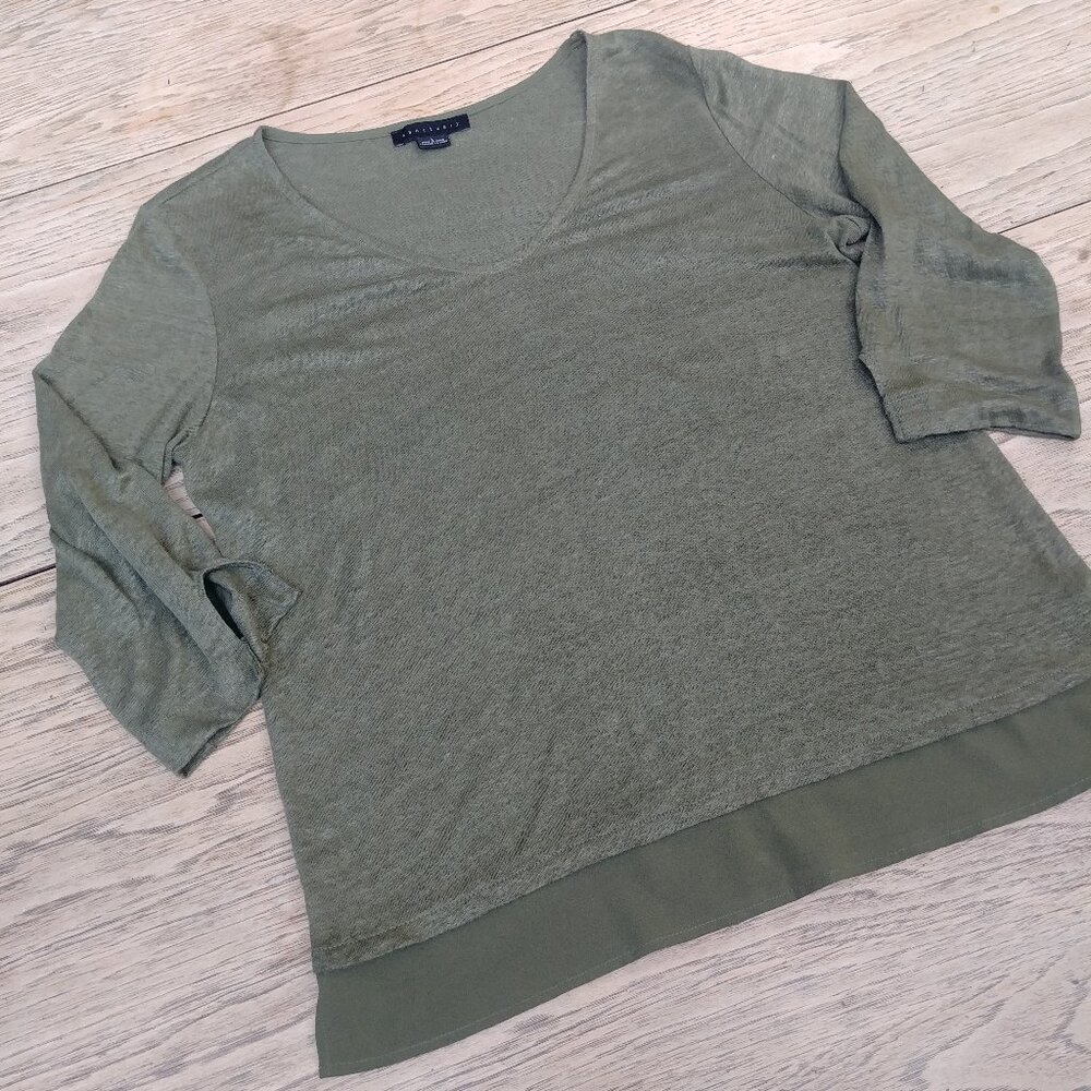 Sanctuary green linen knit blouse top V neck with trim detail Large